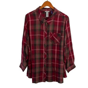 Catherines Plaid Button Up Shirt 2XWP Red and Pink Front Pocket Roll Tab Sleeves